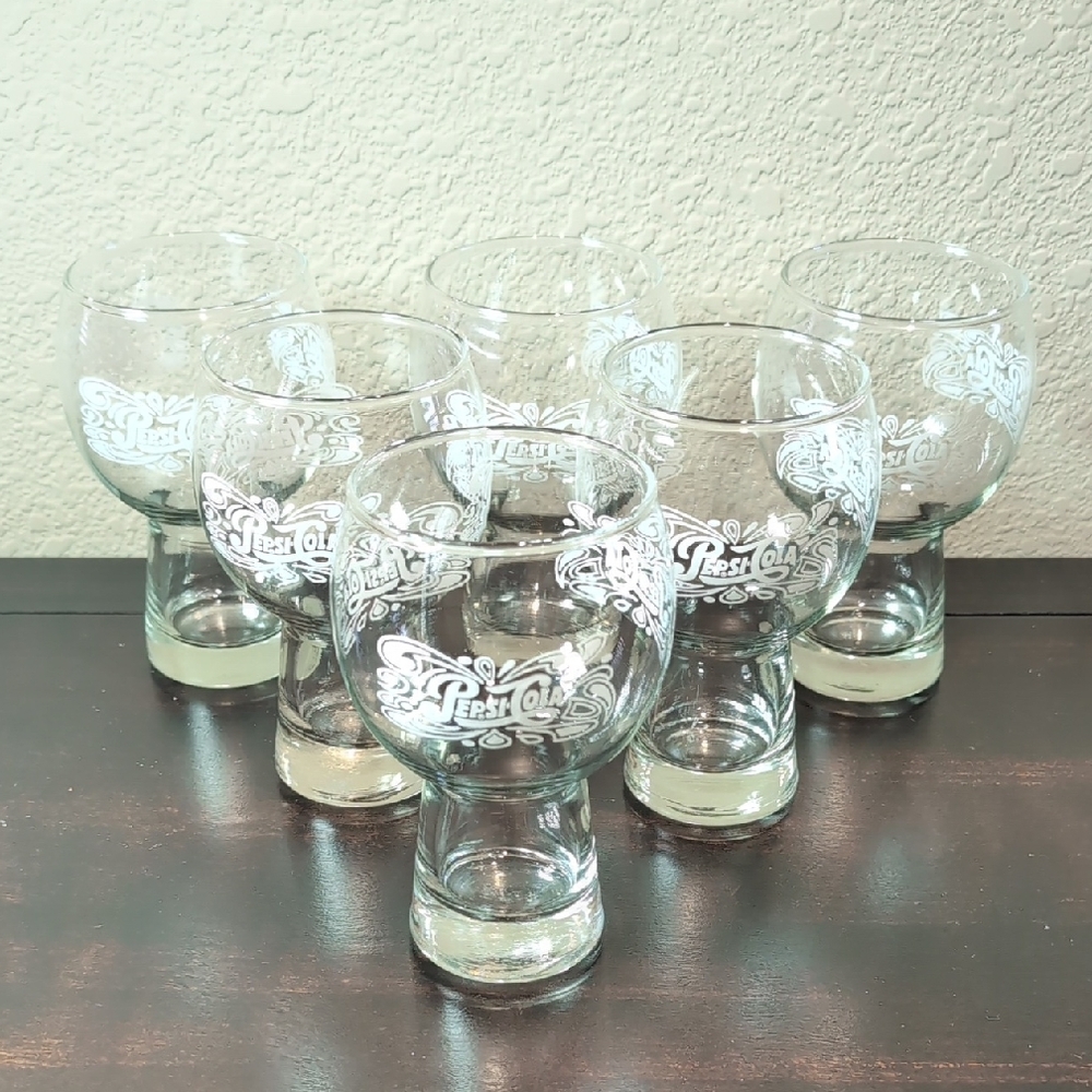 Six (6) Vintage 1970's 1980's Pepsi Cola Glass Pedestal Tumblers with White Logo
